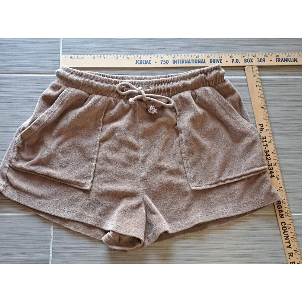 Zara Womens Brown Terry Cloth Shorts Elastic Waist & Drawstring Large Comfy - Picture 4 of 8